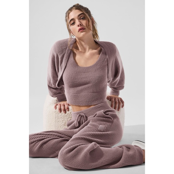 Alo Yoga Snuggle Up Sweater Shawl & Top & High-Waist Pant Mushroom Small - Picture 13 of 13